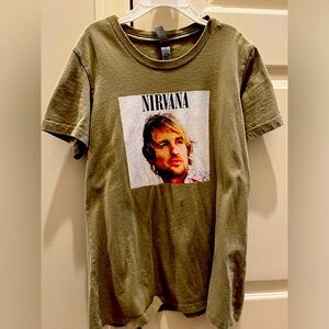 Funny t-shirt that says Nirvana but photo of Owen Wilson size S color moss green
